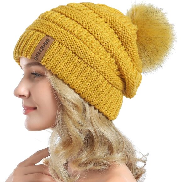 Women Ginger Soft Acrylic Thick Baggy Knit Winter Faux Fur Pompom Beanie - Picture 3 of 6